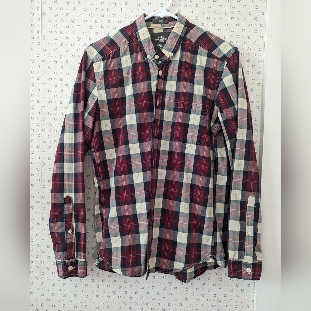 L.O.G.G. H&M plaid shirt mens S plaid Burgundy cream cowboy western Preppy